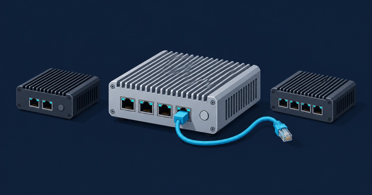 Three fanless mini PCs with finned heatsink cases on a dark navy background, the silver center unit with four Ethernet ports and a blue patch cable