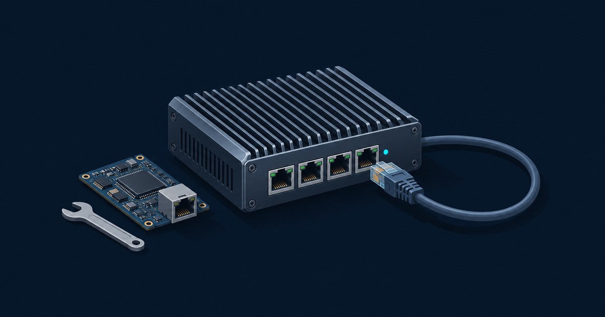 Fanless finned mini PC firewall with four RJ45 ports and a patch cable plugged in, beside a small NIC circuit board and a wrench on a dark navy backdrop