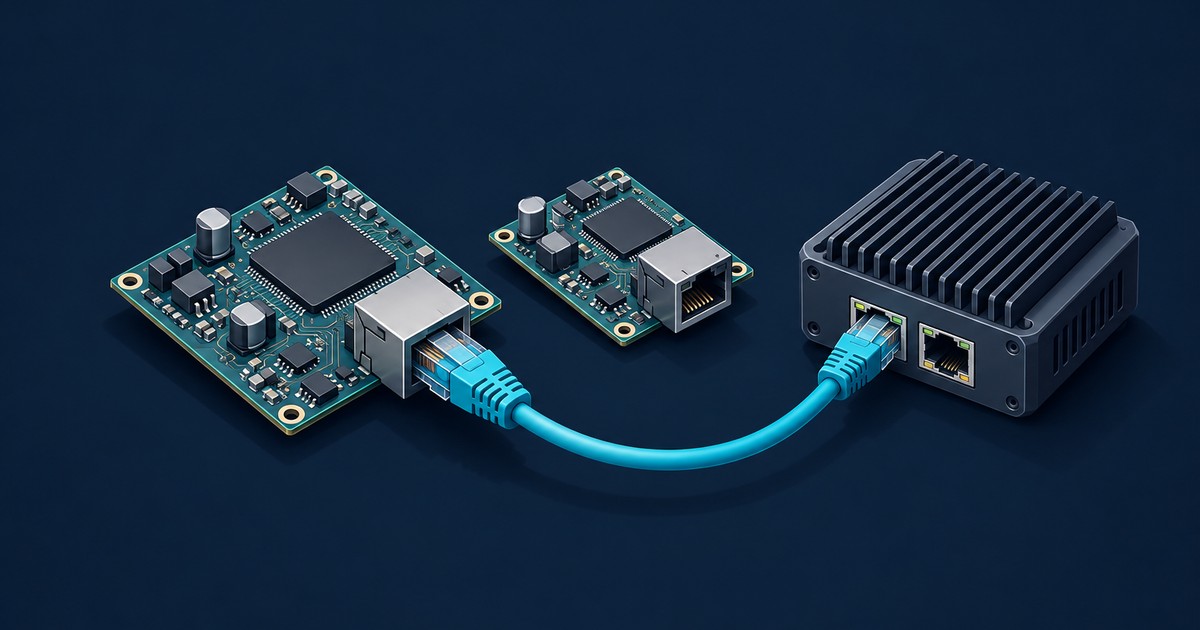 Two green Ethernet controller boards with RJ45 jacks, one linked by a blue patch cable to a finned dark mini PC with dual network ports, on navy background