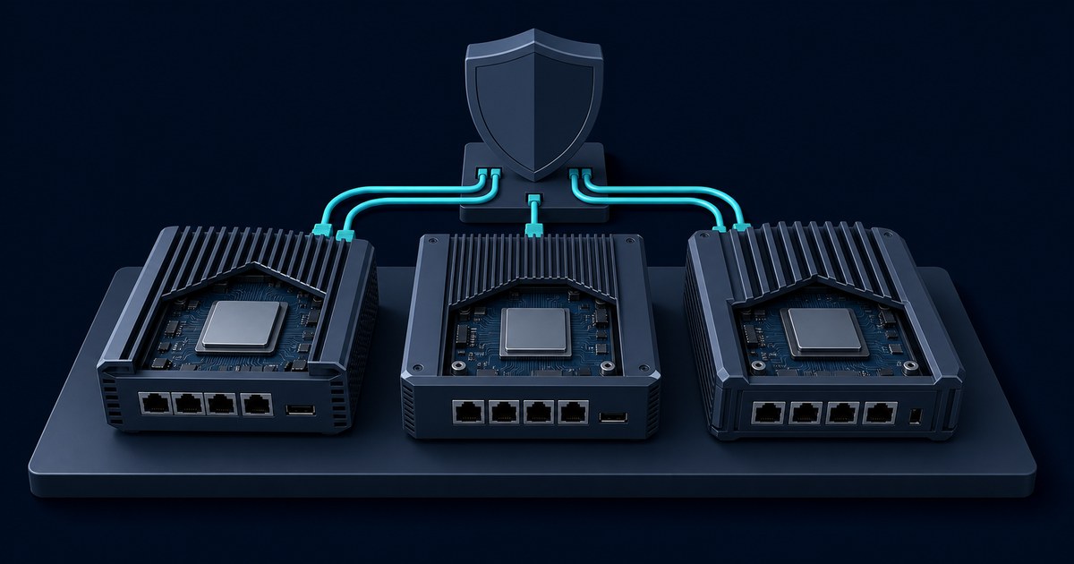 Three fanless mini PC firewall appliances, lids cut away to show their CPUs, each with four Ethernet ports, cabled to a shield emblem on a navy slab.