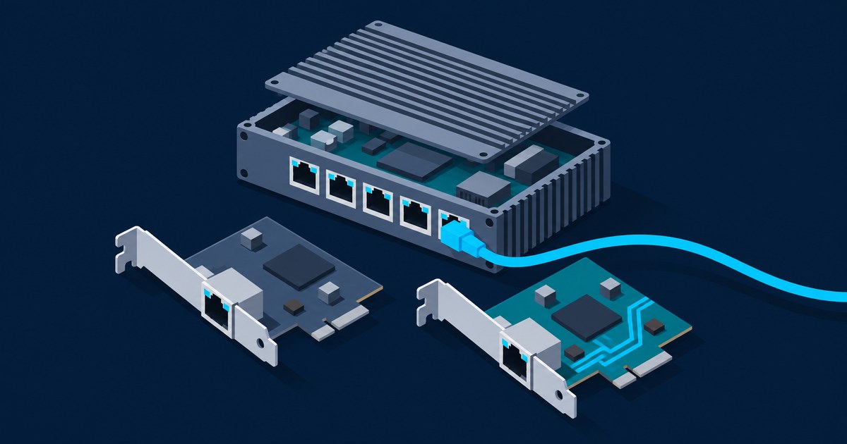 Isometric fanless mini PC firewall with open heatsink lid, five Ethernet ports and a blue cable, beside two single-port 2.5GbE PCIe network cards